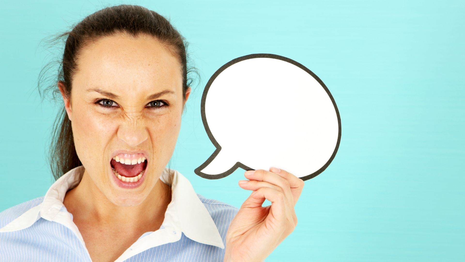 Accessible Complaints Procedure - a pale green background with a dark haired woman holding up a speech bubble, she wears a striped shirt