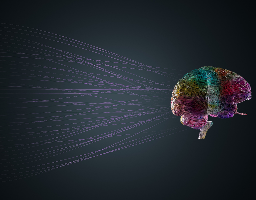 Grey background with a multicoloured brain on the right hand side. There are string like strands coming out of it to the left